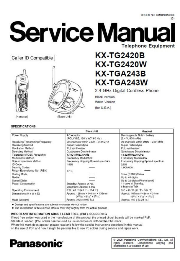 KX-TG2420B, KX-TG2420W, KX-TGA243B, KX-TGA243W